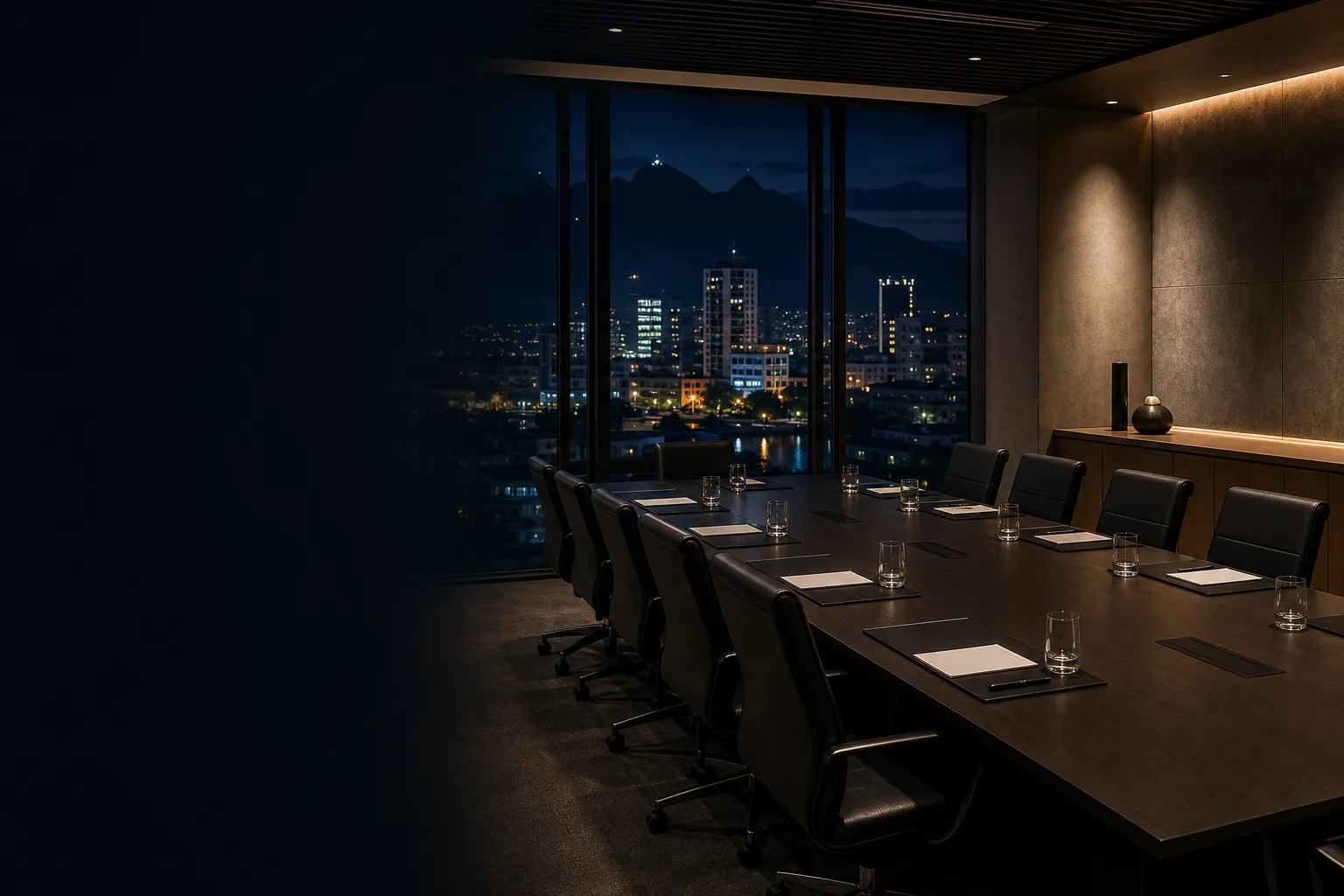 An empty executive boardroom overlooking Port Louis at night