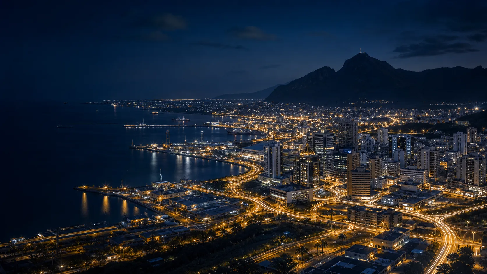 Port Louis at night, with the harbour, city lights, and mountain skyline